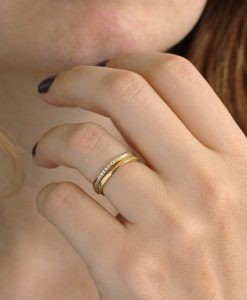 Solid Gold Mobius Diamond Wedding Ring Set, Stackable Diamond Wedding Band