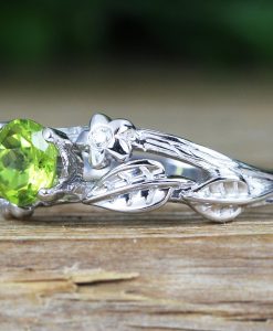 Twig Flower Peridot Engagement Ring, Leaf Engagement Ring With Peridot