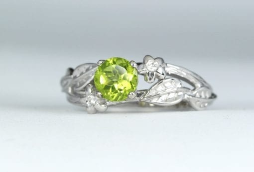 Twig Flower Peridot Engagement Ring, Leaf Engagement Ring With Peridot