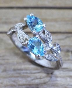 Unique Bark Engagement Ring, Pear Cut Blue Topaz Leaves Engagement Ring