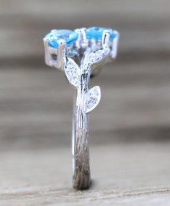 Unique Bark Engagement Ring, Pear Cut Blue Topaz Leaves Engagement Ring