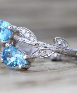 Unique Bark Engagement Ring, Pear Cut Blue Topaz Leaves Engagement Ring