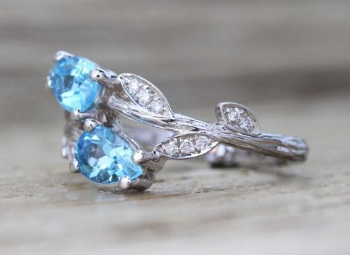 Unique Bark Engagement Ring, Pear Cut Blue Topaz Leaves Engagement Ring