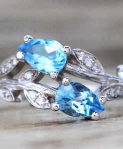 Unique Bark Engagement Ring, Pear Cut Blue Topaz Leaves Engagement Ring