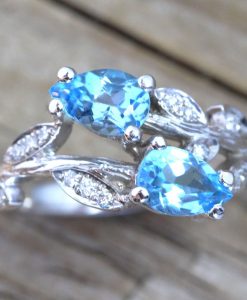 Unique Bark Engagement Ring, Pear Cut Blue Topaz Leaves Engagement Ring