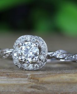 Unique Bridel Engagement Ring Set, Matching Halo Engagement Ring and Diamond Wedding Band
