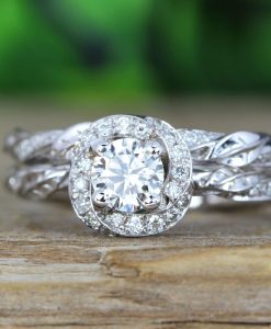 Unique Bridel Engagement Ring Set, Matching Halo Engagement Ring and Diamond Wedding Band