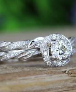 Unique Bridel Engagement Ring Set, Matching Halo Engagement Ring and Diamond Wedding Band