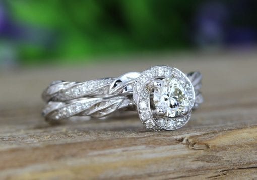 Unique Bridel Engagement Ring Set, Matching Halo Engagement Ring and Diamond Wedding Band
