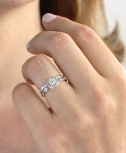 Unique Bridel Engagement Ring Set, Matching Halo Engagement Ring and Diamond Wedding Band