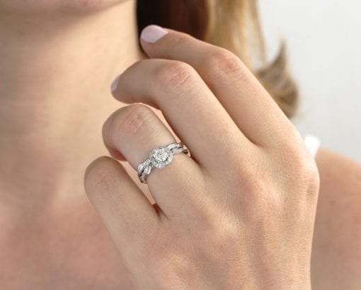 Unique Bridel Engagement Ring Set, Matching Halo Engagement Ring and Diamond Wedding Band