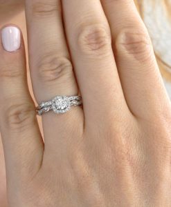 Unique Bridel Engagement Ring Set, Matching Halo Engagement Ring and Diamond Wedding Band
