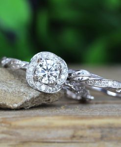 Unique Bridel Engagement Ring Set, Matching Halo Engagement Ring and Diamond Wedding Band