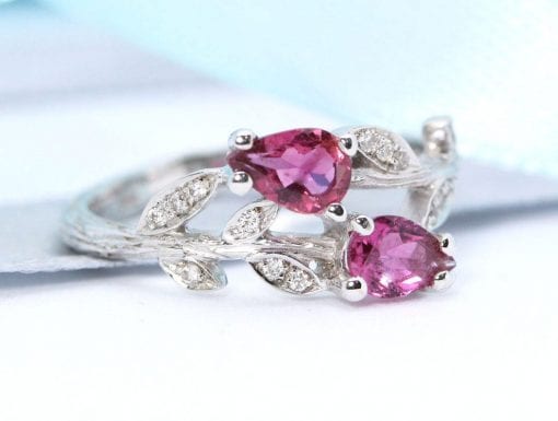 Unique engagement ring, Pear cut pink leaves engagement ring