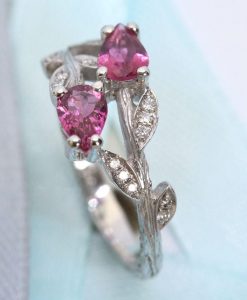 Unique engagement ring, Pear cut pink leaves engagement ring