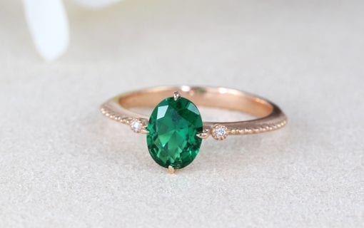 Vintage Inspired Oval Ring With Emerald, Rose Gold Promise Antique Emerald Ring