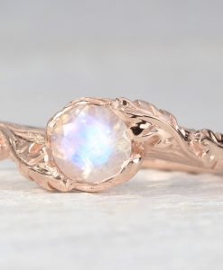 Vintage Rainbow Moonstone Engagement Ring, Floral Rose gold Nature Inspired Ring
