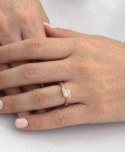 Vintage Rainbow Moonstone Engagement Ring, Floral Rose gold Nature Inspired Ring