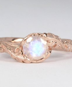 Vintage Rainbow Moonstone Engagement Ring, Floral Rose gold Nature Inspired Ring