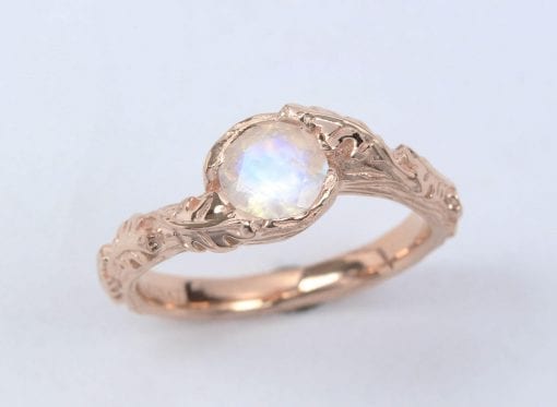 Vintage Rainbow Moonstone Engagement Ring, Floral Rose gold Nature Inspired Ring