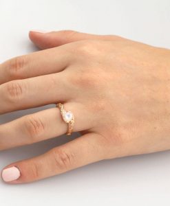 Vintage Rainbow Moonstone Engagement Ring, Floral Rose gold Nature Inspired Ring