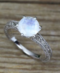 Vintage Rainbow Moonstone Scroll Filigree Ring 14k White gold
