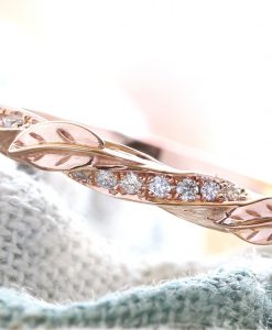 Vintage Rose Gold Leaf Wedding Band, Nature Inspired Diamond Wedding Band