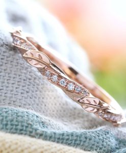 Vintage Rose Gold Leaf Wedding Band, Nature Inspired Diamond Wedding Band