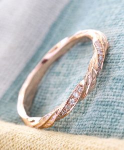 Vintage Rose Gold Leaf Wedding Band, Nature Inspired Diamond Wedding Band