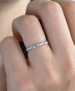 Vintage Rose Gold Leaf Wedding Band, Nature Inspired Diamond Wedding Band