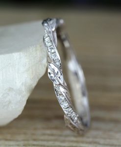 Vintage Rose Gold Leaf Wedding Band, Nature Inspired Diamond Wedding Band