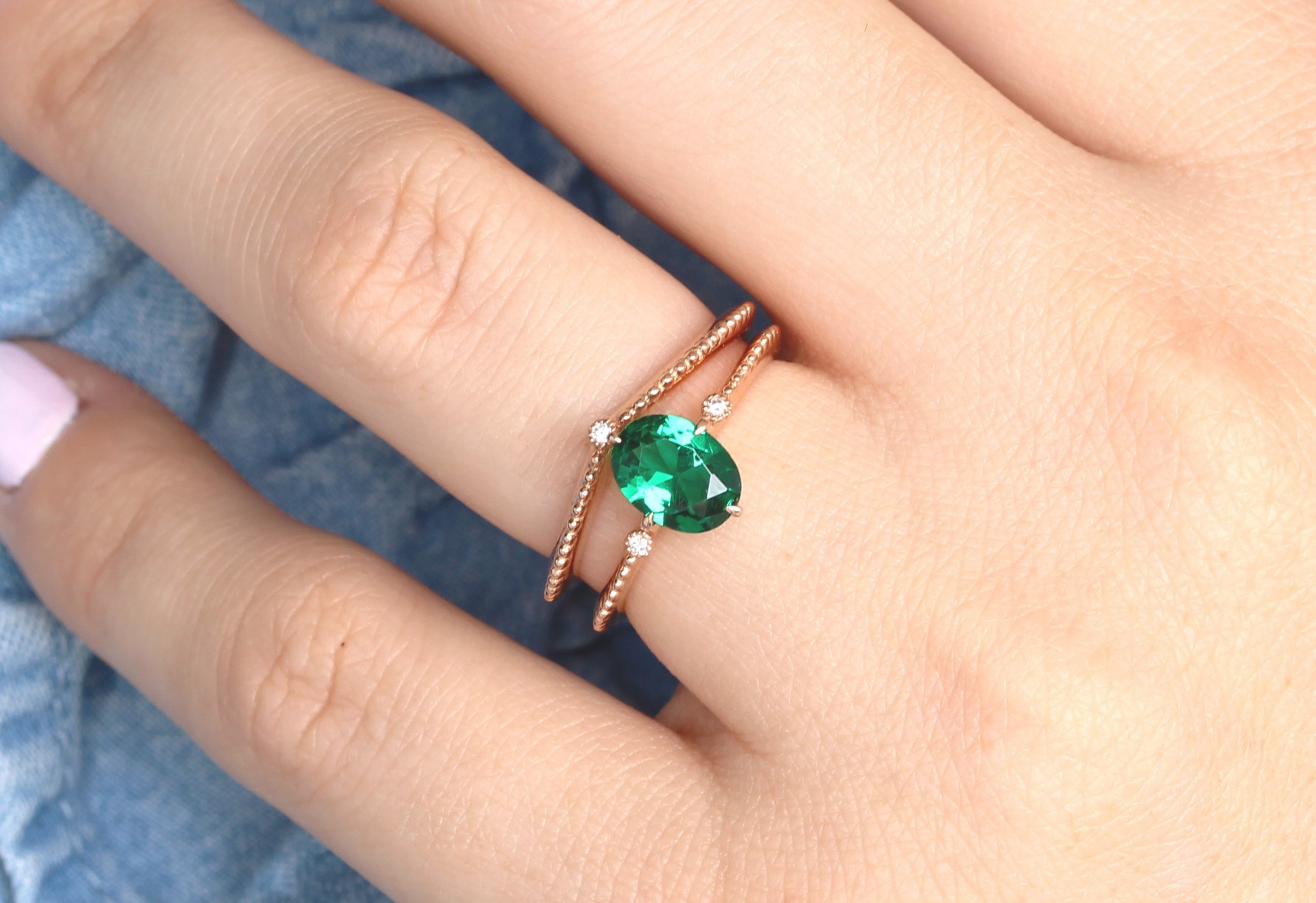 Vintage Wedding Ring Set, Oval Emerald 