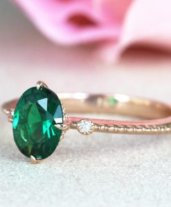 Vintage Wedding Ring Set, Oval Emerald Ring Rose Gold Promise Antique Emerald Ring