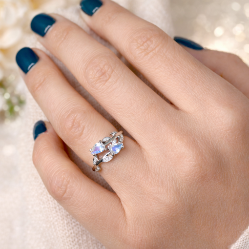 Rainbow moonstone leaf engagement ring, sterling silver nature inspired wedding ring, pear shaped moonstone ring, boho bridal ring, handmade dainty diamond leaf band, unique promise ring Benati