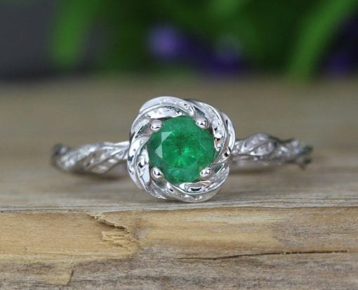Emerald Floral Engagement Ring, Emerald Nature Ring
