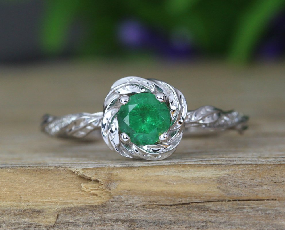 Emerald Floral Engagement Ring, Emerald Nature Ring | Benati