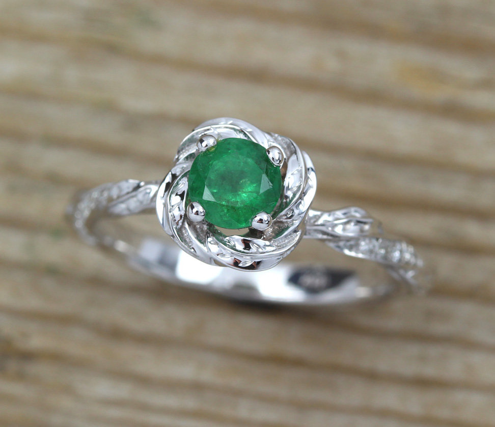 Emerald Floral Engagement Ring, Emerald Nature Ring | Benati