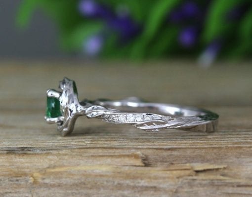 Emerald Floral Engagement Ring, Emerald Nature Ring