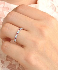 Eternity Multicolor Wedding Band, Gradient Birthstones Eternity Opal Ring - Image 5