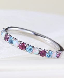 Eternity Multicolor Wedding Band, Gradient Birthstones Eternity Opal Ring - Image 6