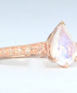 Moonstone Engagement Ring, Rose Gold Rainbow Moonstone Vintage Ring Birthstone Pear Ring Alternative Boho Antique Teardrop Moonstone Leaves - Image 2