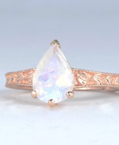 Moonstone Engagement Ring, Rose Gold Rainbow Moonstone Vintage Ring Birthstone Pear Ring Alternative Boho Antique Teardrop Moonstone Leaves - Image 7