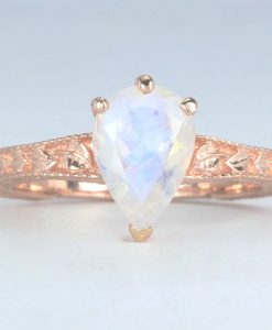 Moonstone Engagement Ring, Rose Gold Rainbow Moonstone Vintage Ring Birthstone Pear Ring Alternative Boho Antique Teardrop Moonstone Leaves - Image 8