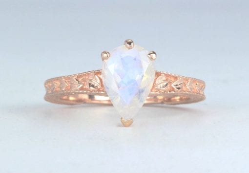 Moonstone Engagement Ring, Rose Gold Rainbow Moonstone Vintage Ring Birthstone Pear Ring Alternative Boho Antique Teardrop Moonstone Leaves