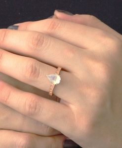 Moonstone Engagement Ring, Rose Gold Rainbow Moonstone Vintage Ring Birthstone Pear Ring Alternative Boho Antique Teardrop Moonstone Leaves - Image 10