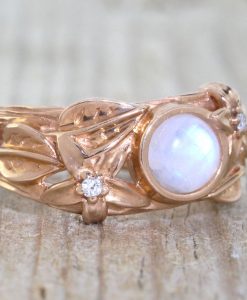 Moonstone nature inspired ring, rose gold leaves engagement ring - Image 2