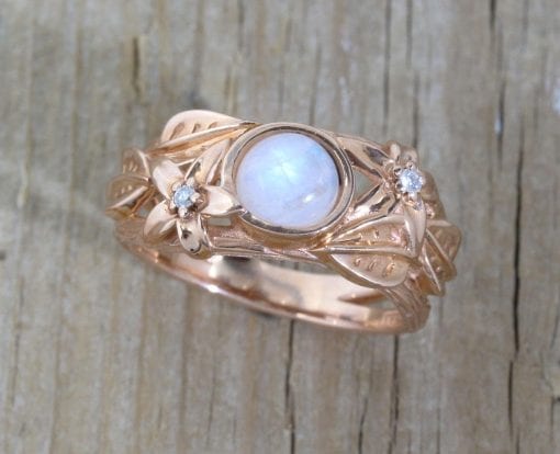 Moonstone nature inspired ring, rose gold leaves engagement ring