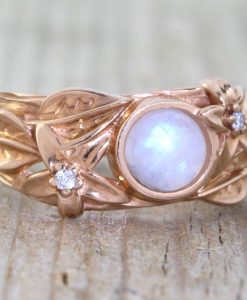 Moonstone nature inspired ring, rose gold leaves engagement ring - Image 6