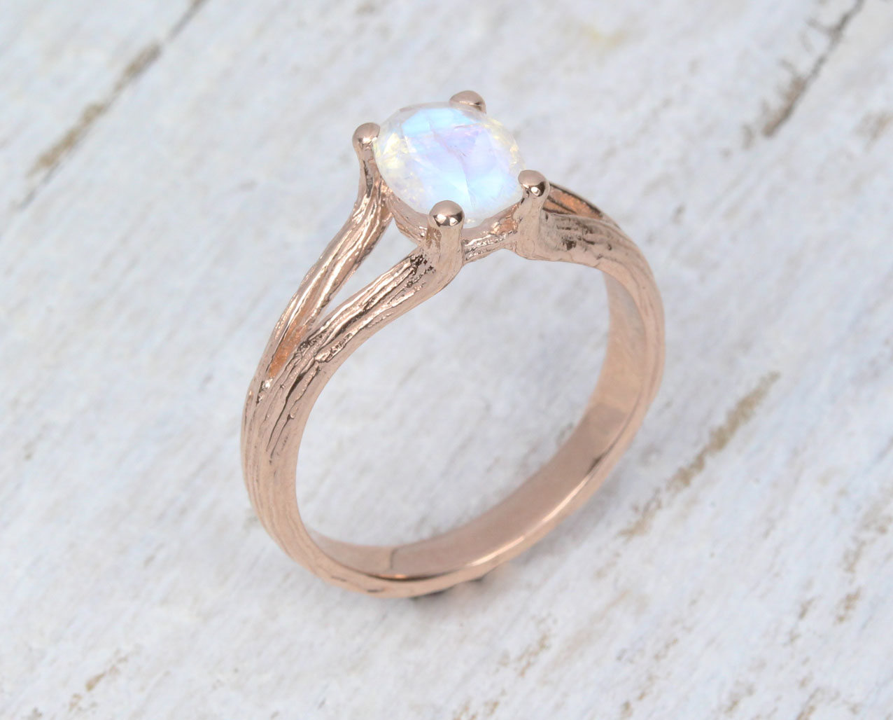 Nature Moonstone Engagement Ring, Rose gold Twig Rainbow Moonstone Ring ...