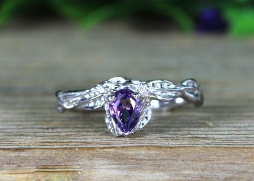 Pear Cut Purple Amethyst Nature Inspaired Ring, 14k White Gold Amethyst ring